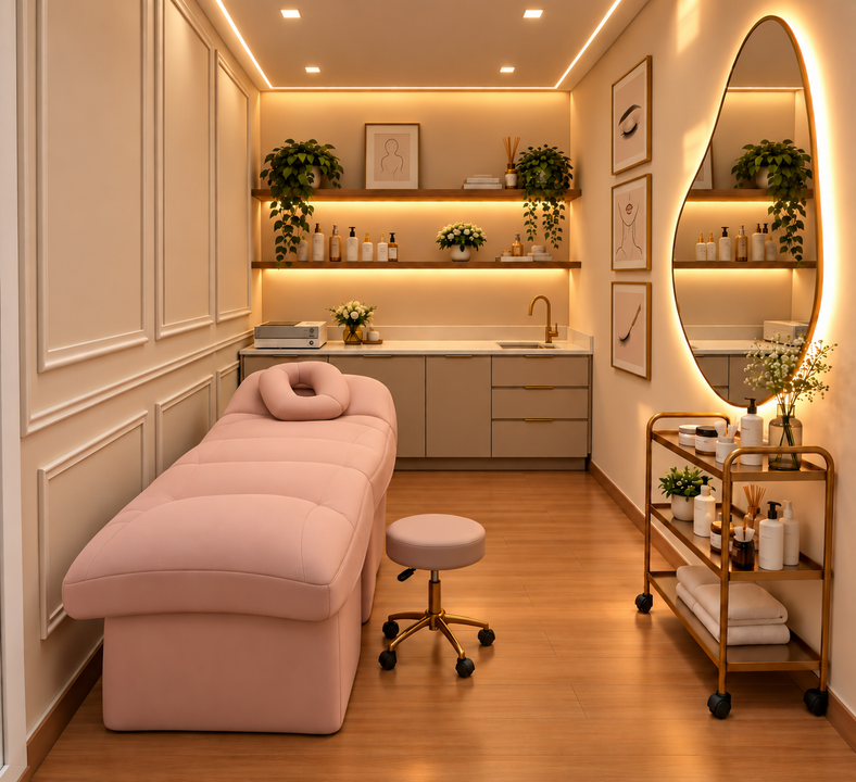 Render original da sala de atendimento, com maca rosa, bancada, prateleiras iluminadas e espelho orgânico.