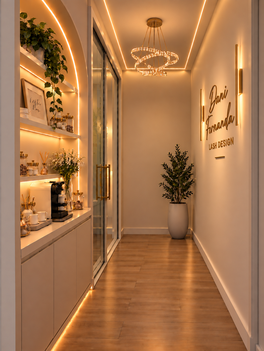 Entrada do Studio Dani com café integrado e iluminação indireta