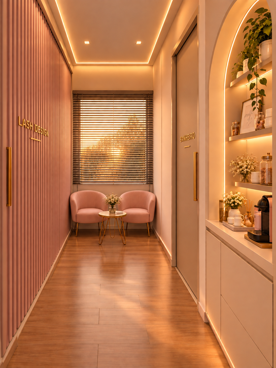 Render original da área de espera, com poltrona rosa clara, iluminação quente e composição acolhedora.