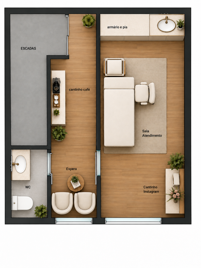 Planta ilustrada da proposta de interiores do Studio Dani